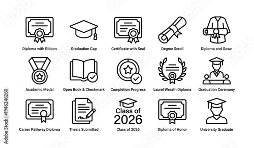 Graduation and diploma icons: ribbon, cap, seal, scroll, medal, wreath, thesis, class of 2026