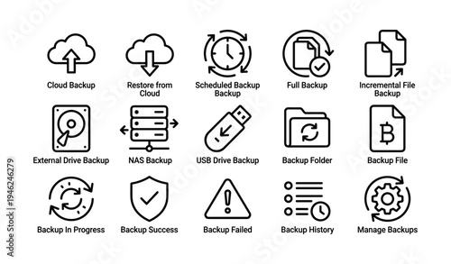 Backup icons set: cloud, external drives, history management