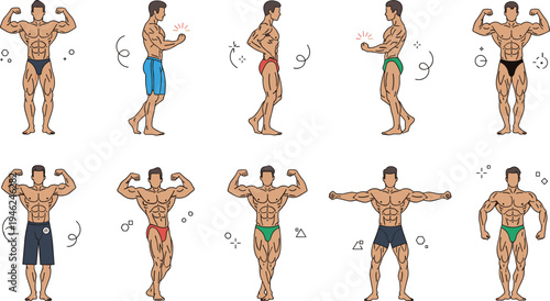 Professional bodybuilders and muscular athletes showing muscles in various posing routines for fitness competition in flat vector illustration set