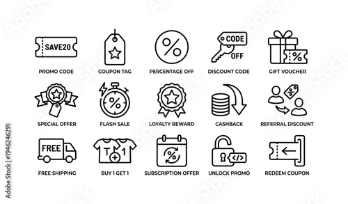 E-commerce icons: discount, coupon, cashback, shipping, subscription, rewards