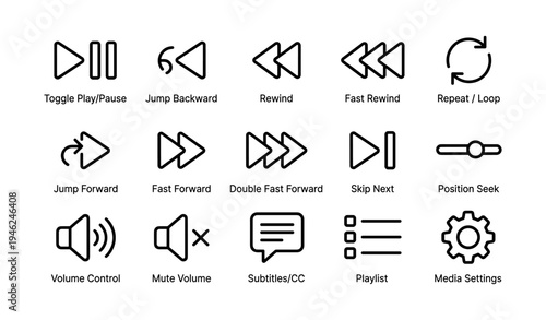 Media player icon set: play, rewind, fast forward, volume control, subtitles