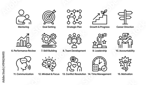 Icons representing mentoring, growth, and leadership in professional development