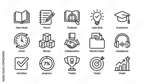 Educational icons set: books, graduation, collaboration, progress, achievement symbols