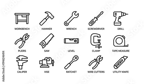 Set of 16 black and white tool icons including hammer, wrench, screwdriver, drill
