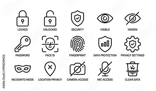 Security icons set: locks, privacy, data protection, biometric identification