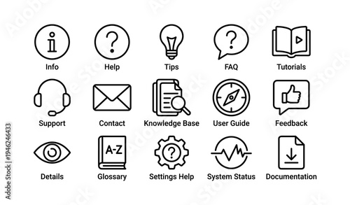 Icon set for info, help, faq, tutorials, feedback, and more with minimalist design