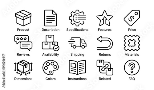 E-commerce icons: product, description, specifications, features, price, reviews, shipping