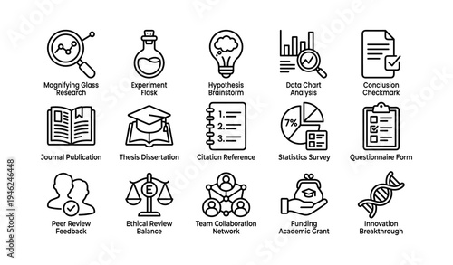 Science and research icons set featuring tools, analysis, and collaboration elements