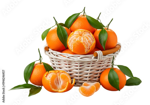 Fresh organic tangerines or mandarins with green leaves in a white wicker basket and scattered on white.