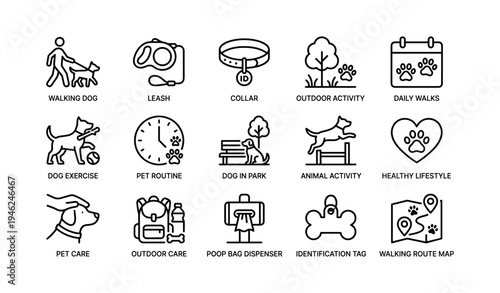 Dog walking icons: routine, exercise, outdoor activities, pet care, healthy lifestyle