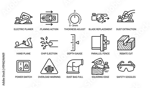 Woodworking tool icons: electric planer, hand plane, depth gauge, safety goggles, dust extraction