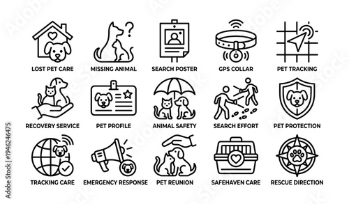Icons depicting lost pet care and search efforts for missing animals