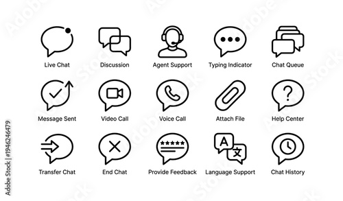 Communication icon set: live chat, agent support, voice and video call, language and typing indicators