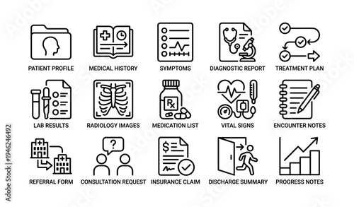 Comprehensive medical icons: patient care, diagnosis, treatment, records