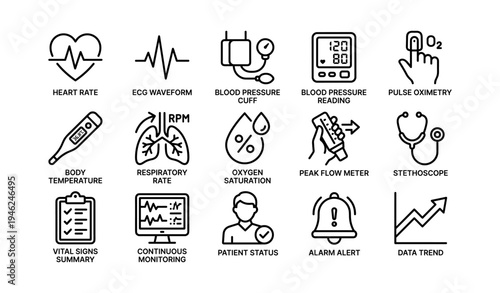 Medical monitoring icons: heart rate, oxygen levels, blood pressure, respiratory rate, ecg, stethoscope