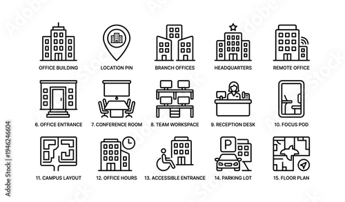 Office icon set: building, workspace, entrance, parking, floor plan, accessibility, reception