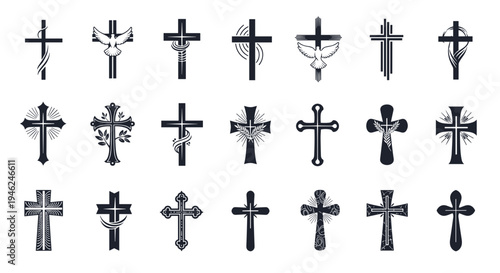 Collection of diverse christian cross symbols with religious and spiritual motifs