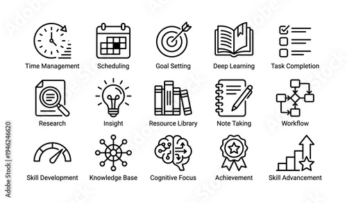 Icons representing time management, scheduling, and skill development concepts