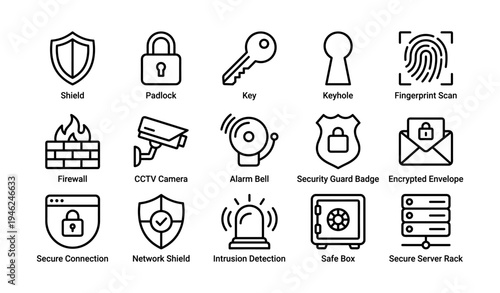 Collection of security icons: shield, padlock, key, fingerprint, firewall, cctv, alarm, secure server