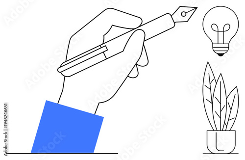 Creativity concept. A hand holding a pen, lightbulb, and plant innovation and idea generation. Creativity for design, art, education, brainstorming, and inspiration