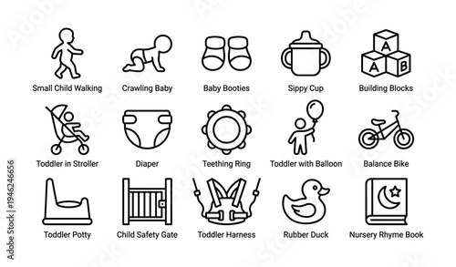 Baby and toddler essentials: walking child, crawling baby, and playful accessories