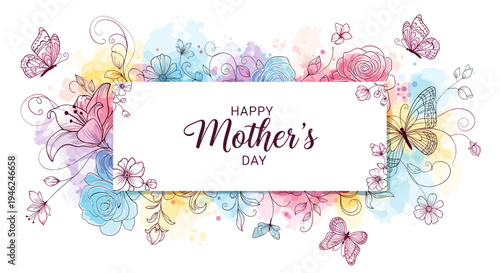 Happy mother's day watercolor floral and butterfly illustration with handwritten