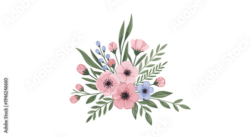 Delicate watercolor floral arrangement with pink and blue blossoms and green
