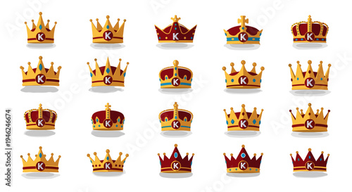 Collection of royal golden and red crowns symbols of power royalty and authority