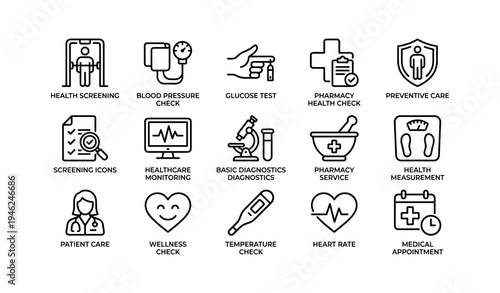 Healthcare icons illustrating medical services and diagnostics