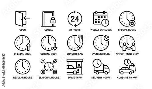 Business hours symbols including open closed lunch break delivery and seasonal icons