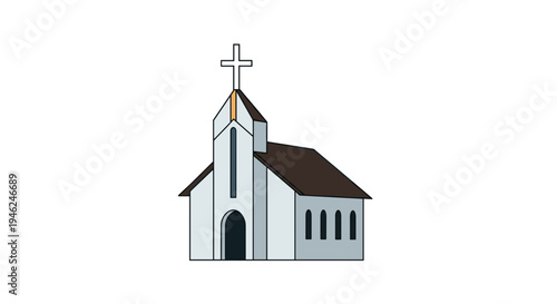 Simple illustration of a white church building with a cross on top isolated