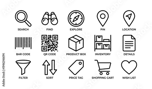 Essential black and white icons for search, explore, shopping, and navigation tasks