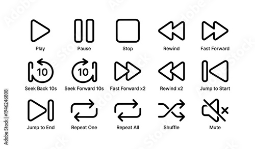 Media control icons set with play, pause, stop, rewind, fast forward, shuffle, mute