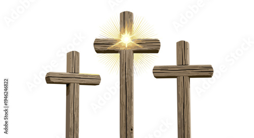 Three rustic wooden crosses bathed in divine heavenly light symbolizing faith