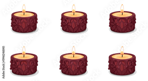 Six small burning red textured tea light candles arranged in a grid on a white