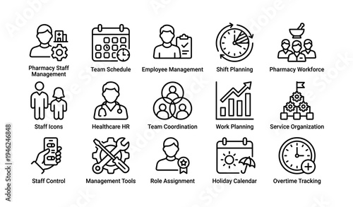 Pharmacy workforce management icons for efficient team organization and scheduling