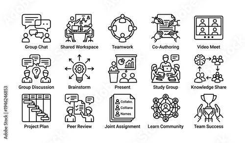 Collaborative teamwork icons illustrating group work, brainstorming, and knowledge sharing