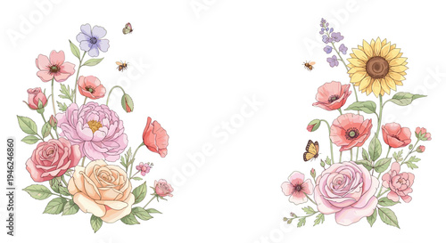 Delicate watercolor floral arrangements with butterflies and bees soft pastel hues