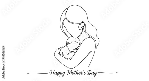 Continuous line drawing of mother holding baby with happy mother's day text