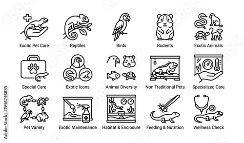 Icon set of exotic pet care and animal diversity including reptiles, birds, rodents