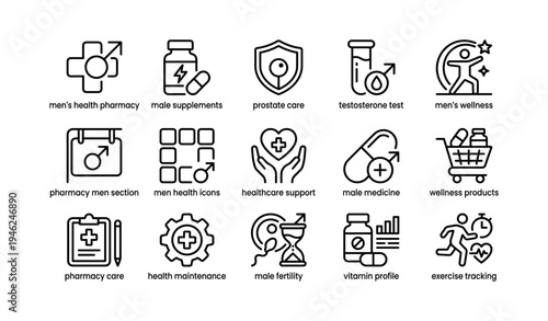 Men's health icons: pharmacy, supplements, prostate care, testosterone, wellness