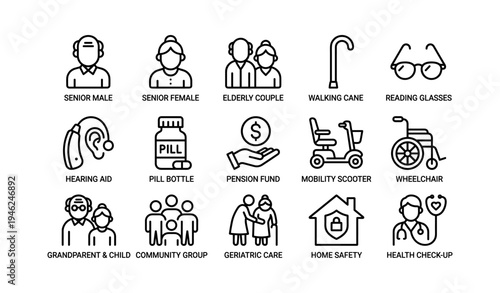 Icons representing senior support: hearing aid, pension fund, geriatric care, mobility scooter, health check-up