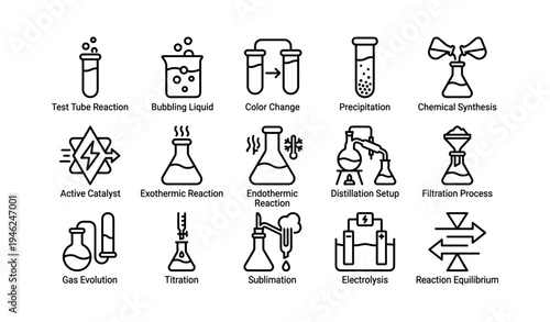 Laboratory experiment icons depicting chemical reactions and processes