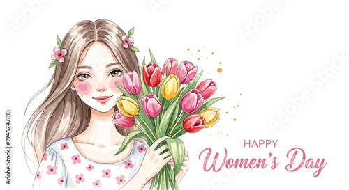 Young woman with long flowing hair holding a vibrant bouquet of tulips celebrating