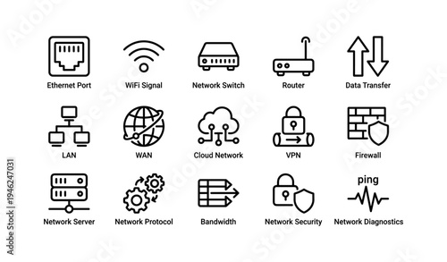 Network technology icons: ethernet, wifi, router, cloud, vpn, security, firewall, bandwidth