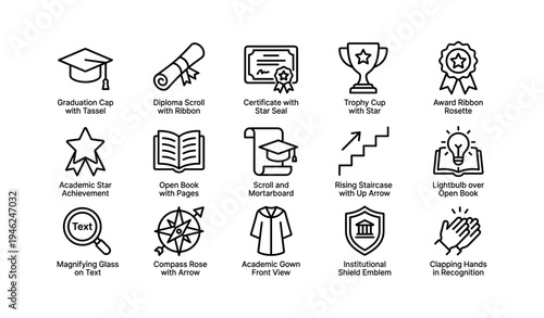 Education icons set: graduation, diploma, trophy, academic symbols