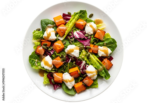 Gourmet Salad with Roasted Butternut Squash, Mixed Greens, Ricotta, and Pumpkin Seeds Isolated