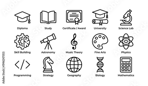 Educational icons: diploma, science, arts, mathematics, programming