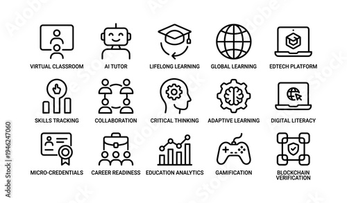 Educational technology icons illustrating virtual classrooms and ai learning