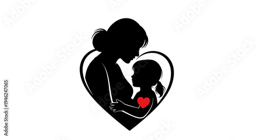Mother and child silhouette embracing inside a heart shape with red heart detail
